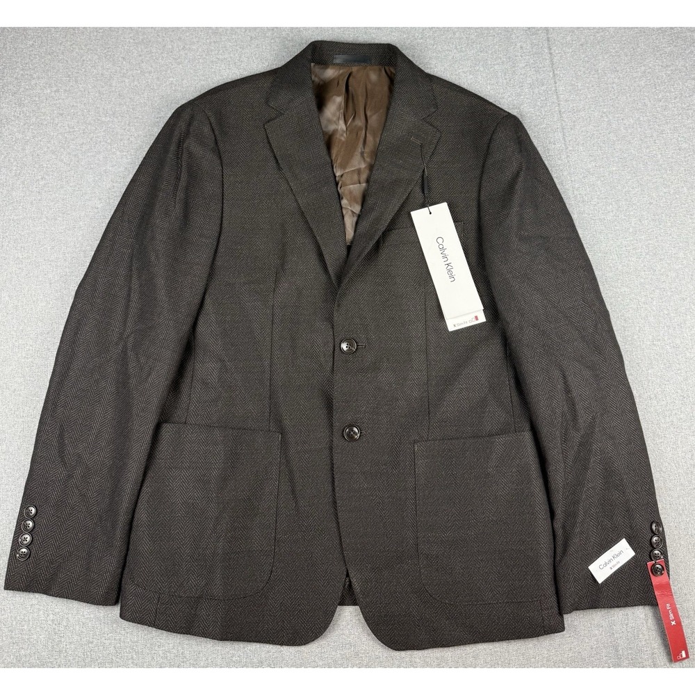 Calvin Klein Mens 40S X Slim Fit Wool Blend Blazer Brown Herringbone NWT $375